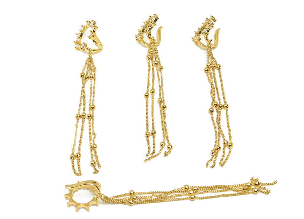 Brass Sunshine Ear Cuff - Gold Sun Tassel Earring Cuff - Zircon Cartilage Cuff Chain Ear - 18K Real Gold Plated -110.2x18.5x12.54mm -RGP7614 - DOMEDBAZAAR