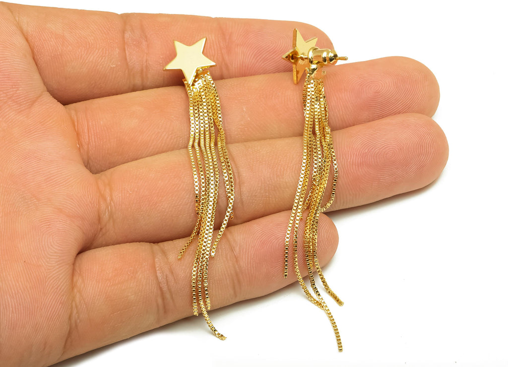 Brass Earring Tassel Stud - Brass Star Tassel Earring - Brass Dangle Box Chain Earring Post - 18K Real Gold Plating - 79x11 x0.9mm - RGP7563 - DOMEDBAZAAR