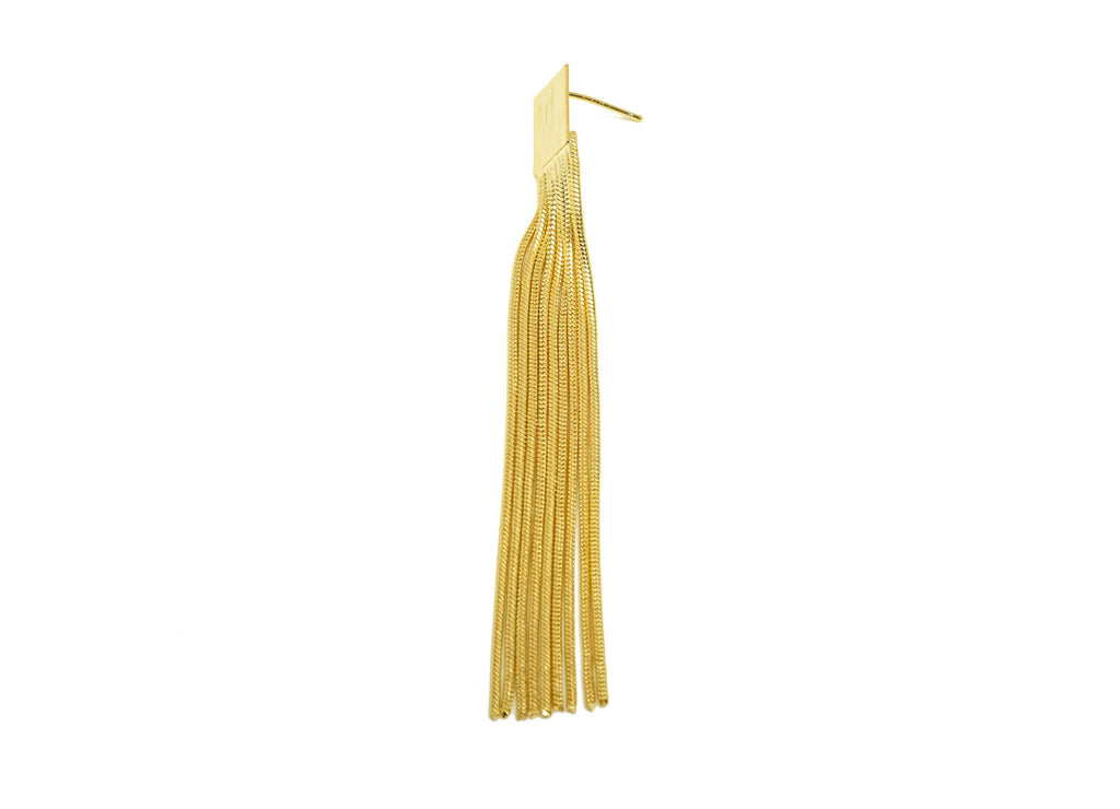 Brass Earring Tassel Stud - Brass Textured Square Tassel Earring - Snake Chain Earring Post - 18K Real Gold Plating - 78x10x0.49mm - RGP7569 - DOMEDBAZAAR