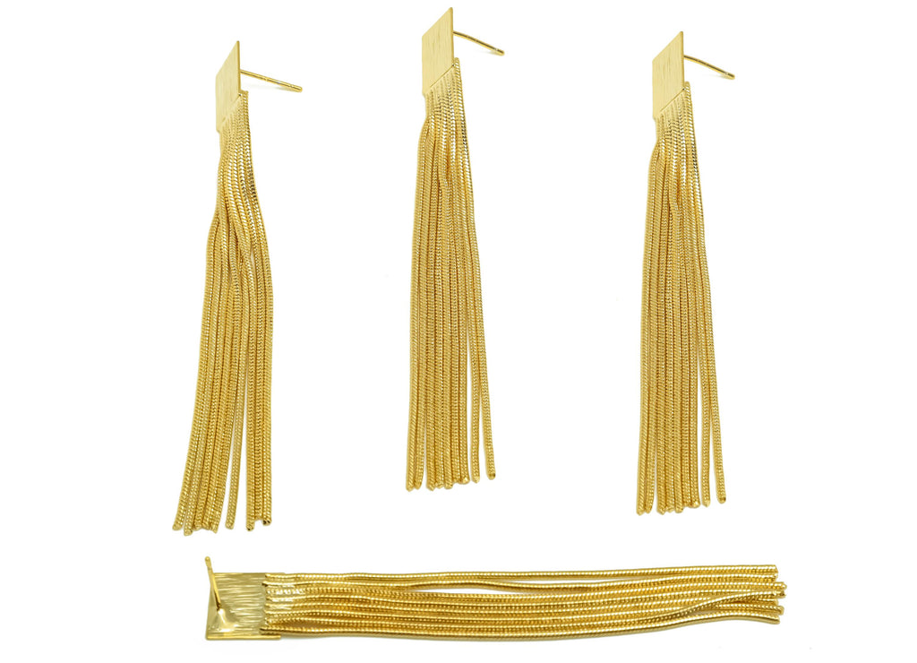 Brass Earring Tassel Stud - Brass Textured Square Tassel Earring - Snake Chain Earring Post - 18K Real Gold Plating - 78x10x0.49mm - RGP7569 - DOMEDBAZAAR