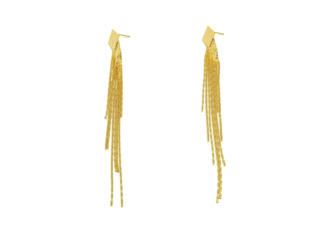 Brass Earring Tassel Stud - Brass Textured Square Tassel Earring - Tassel Chain Earring Post - 18K Real Gold Plating - 117x13x1mm - RGP7538 - DOMEDBAZAAR