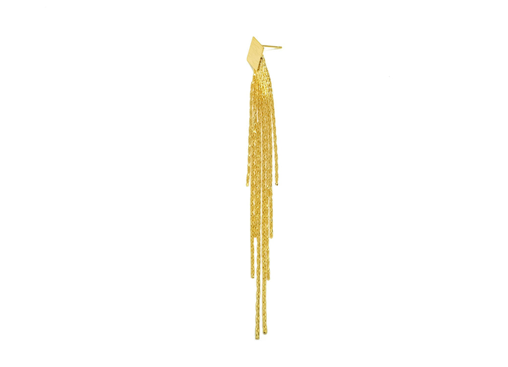Brass Earring Tassel Stud - Brass Textured Square Tassel Earring - Tassel Chain Earring Post - 18K Real Gold Plating - 117x13x1mm - RGP7538 - DOMEDBAZAAR