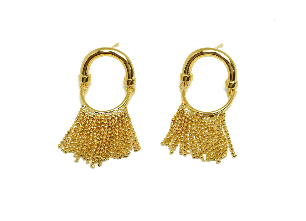 Brass Earring Tassel Stud - Brass Hoop Dangle Tassel Earring - Beaded Chain Earring Post - 18K Real Gold Plating - 37x16.86x2.5mm - RGP7562 - DOMEDBAZAAR