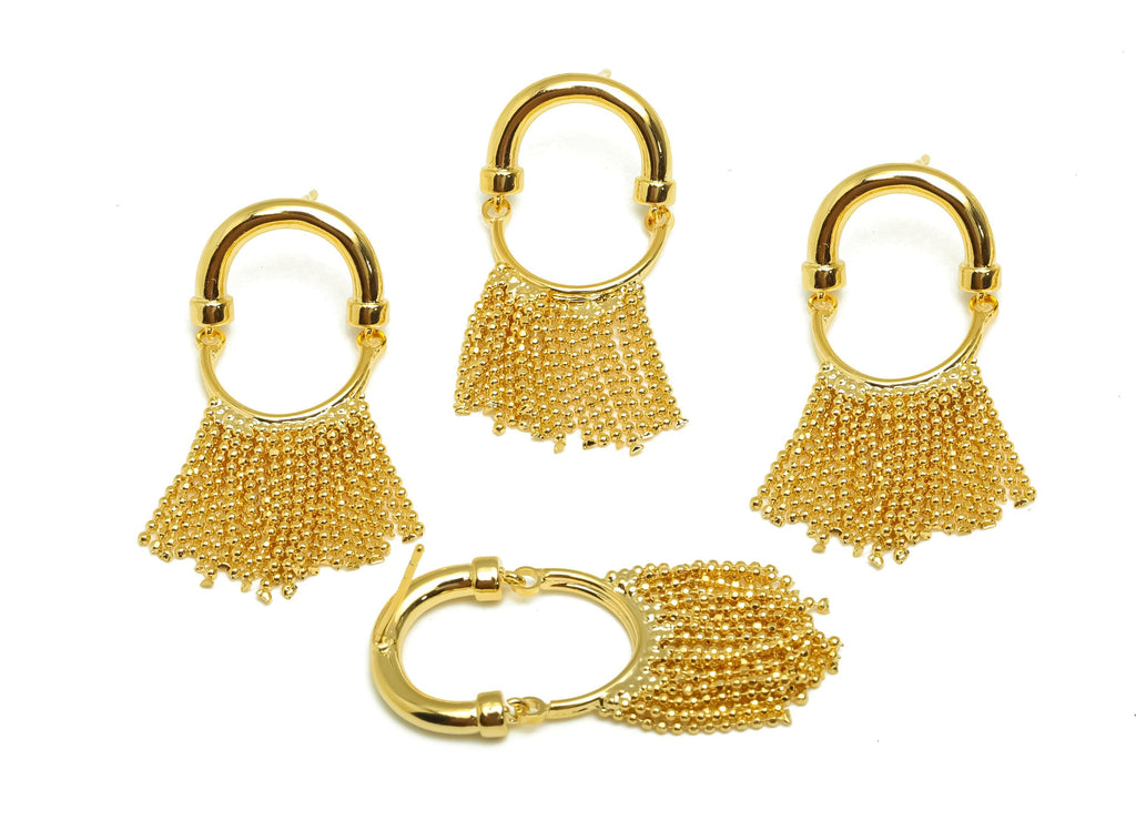 Brass Earring Tassel Stud - Brass Hoop Dangle Tassel Earring - Beaded Chain Earring Post - 18K Real Gold Plating - 37x16.86x2.5mm - RGP7562 - DOMEDBAZAAR