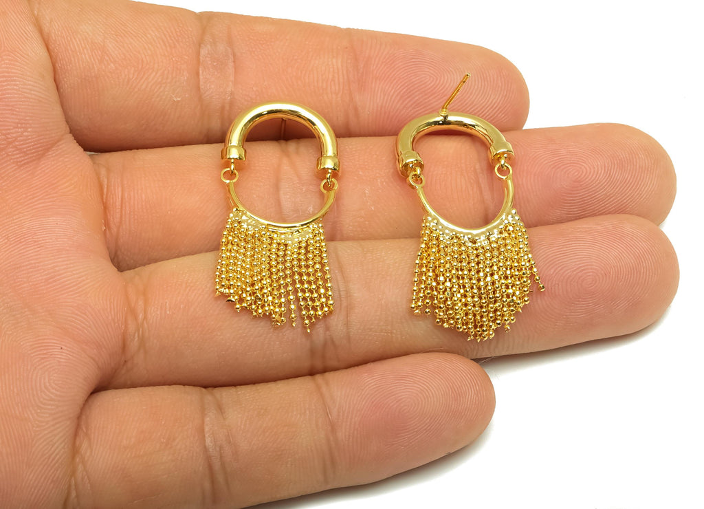 Brass Earring Tassel Stud - Brass Hoop Dangle Tassel Earring - Beaded Chain Earring Post - 18K Real Gold Plating - 37x16.86x2.5mm - RGP7562 - DOMEDBAZAAR