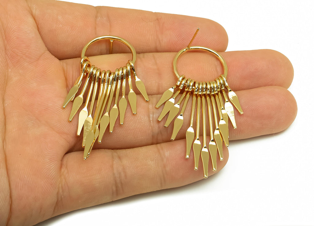Brass Tassel Earring Stud - Brass Dangle Tassel Wire Earring Post - Hammered Tassel Earring Post - 18K Real Gold Plating - 55x18x1mm-RGP8169 - DOMEDBAZAAR