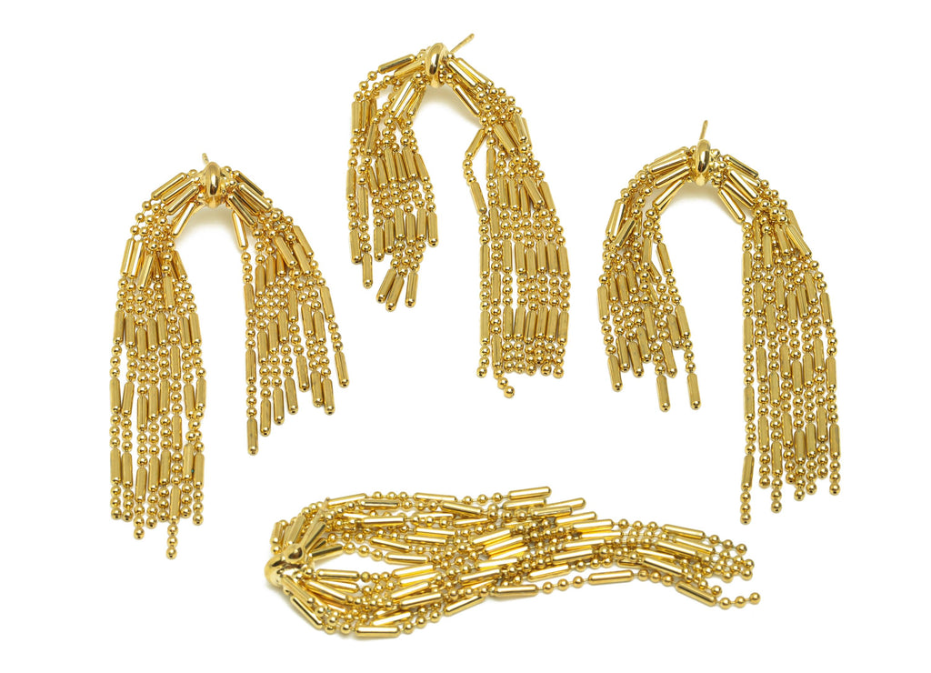 Brass Beads Chain Ear - Gold Cylinder Chain Tassel Earring Stud - Cylinder Beads Chain Earring Post - 18K Real Gold Plating - 70mm - RGP7696 - DOMEDBAZAAR