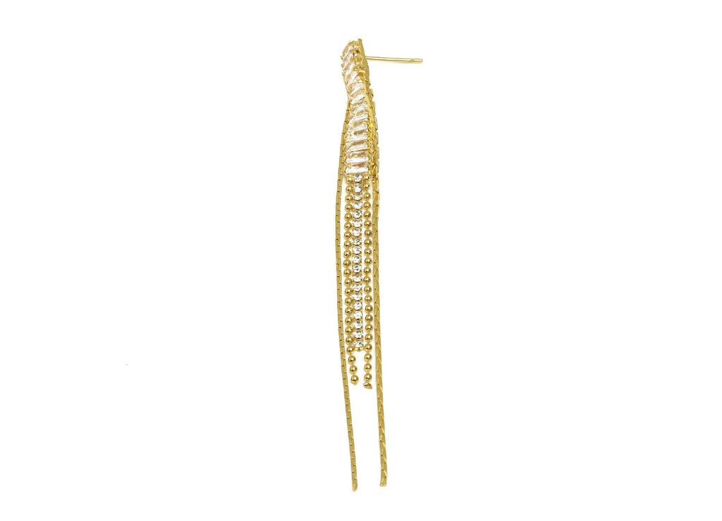 Brass Tassel Chian Ear - Rectangle Zircon Snake Chian Ear Post - Gold Snake Chian Tassel Earring Stud - 18K Real Gold Plated - 93mm -RGP7703 - DOMEDBAZAAR