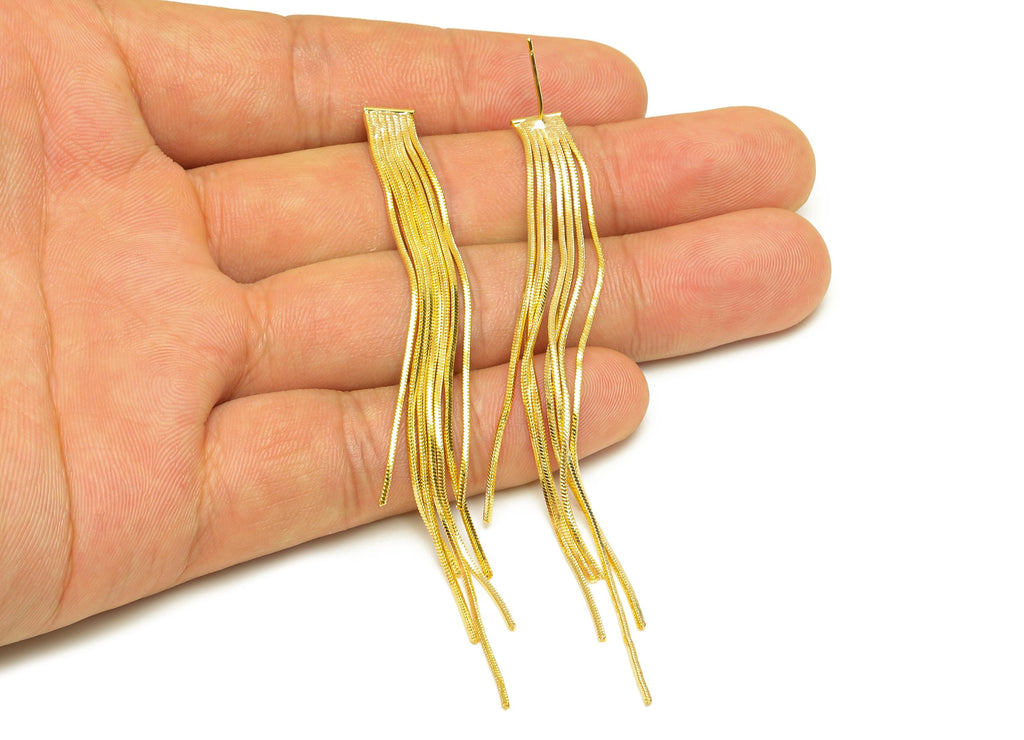 Brass Snake Chain Earring - Gold Long Chain Tassel Earring Stud - Snake Chain Tassel Earring Post - 18K Real Gold Plating - 100mm - RGP7704 - DOMEDBAZAAR