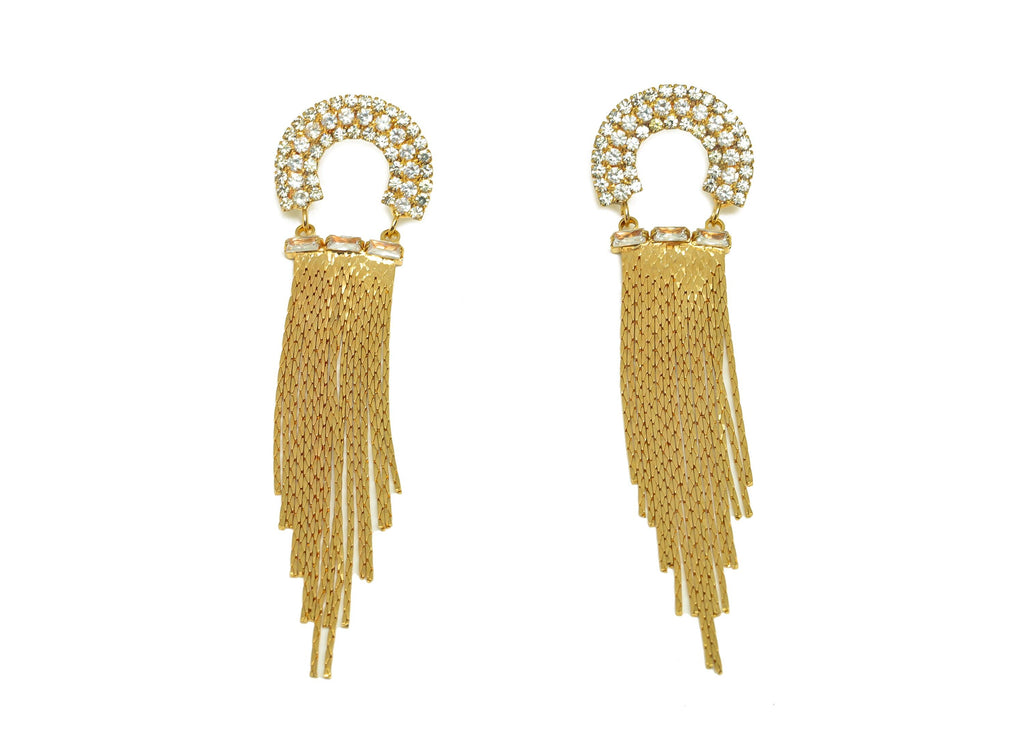 Brass Tassel Chian Earring - Arch Zircon Snake Chian Ear Post - Gold Semicircle Tassel Earring Stud - 18K Real Gold Plating - 80mm - RGP7713 - DOMEDBAZAAR