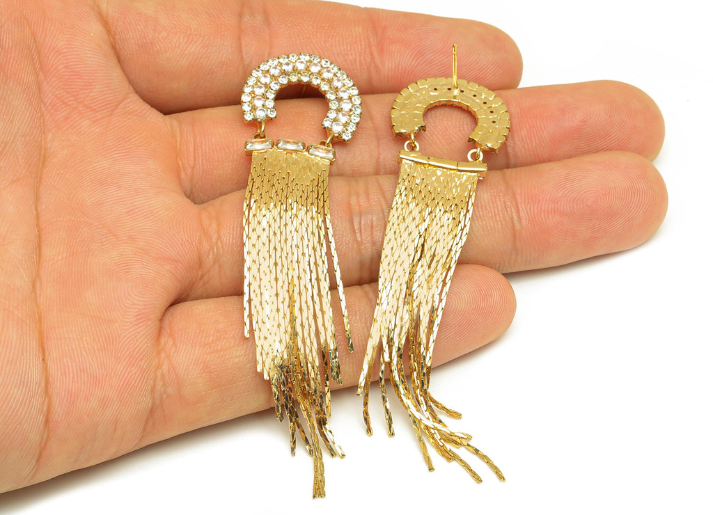 Brass Tassel Chian Earring - Arch Zircon Snake Chian Ear Post - Gold Semicircle Tassel Earring Stud - 18K Real Gold Plating - 80mm - RGP7713 - DOMEDBAZAAR