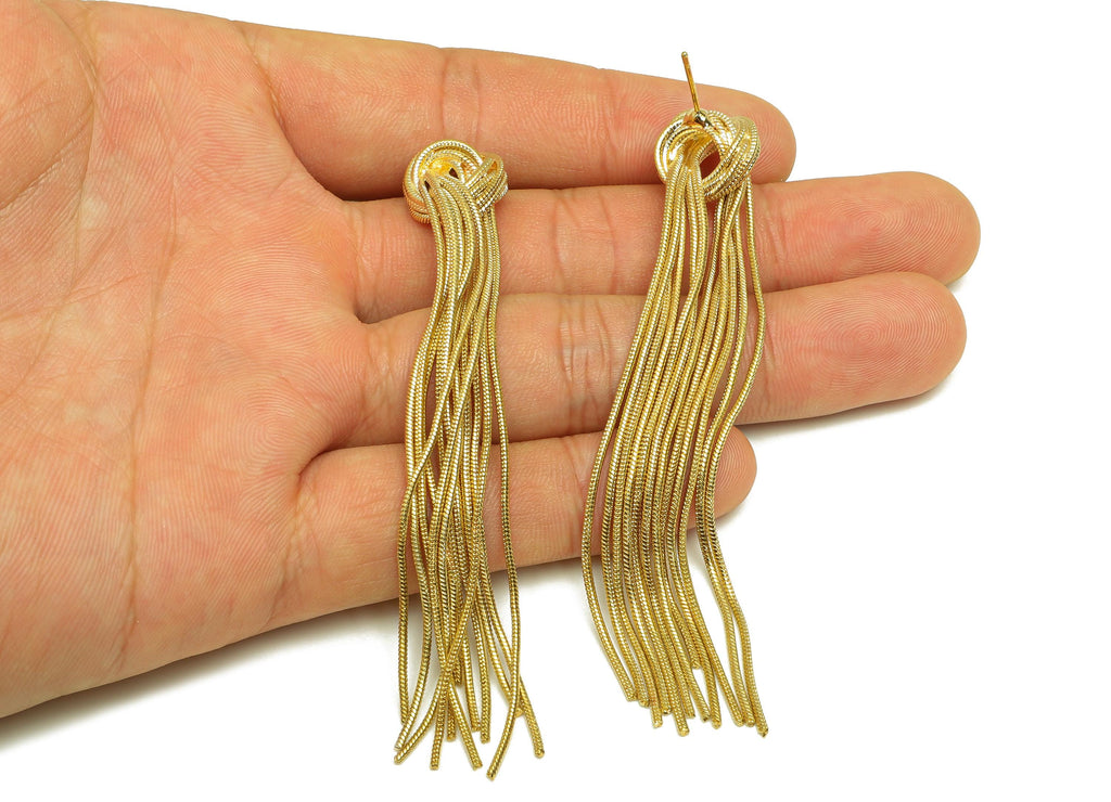 Brass Snake Chain Earring - Gold Knot Long Chain Earring Stud - Knot Snake Chain Tassel Earring Post - 18K Real Gold Plating- 85mm - RGP7721 - DOMEDBAZAAR