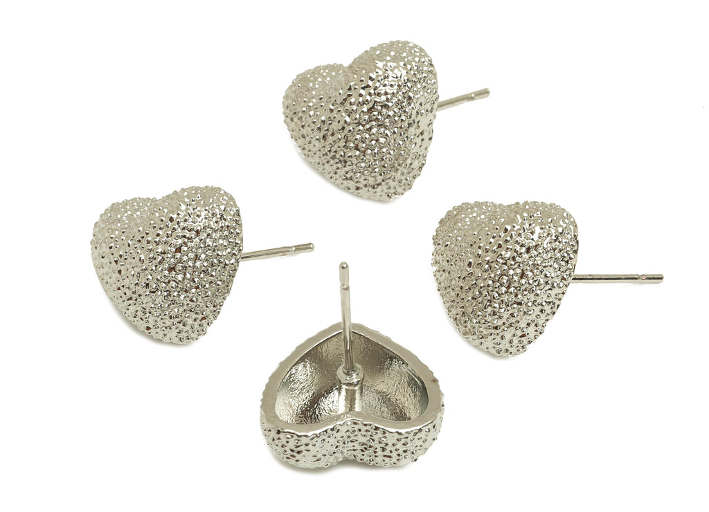 Brass Heart Earring Stud - Textured Heart Earring Post - White Heart Earring Stud - 18K Real White Gold Plated - 18.2x13.72x6.52mm - RGP7738 - DOMEDBAZAAR