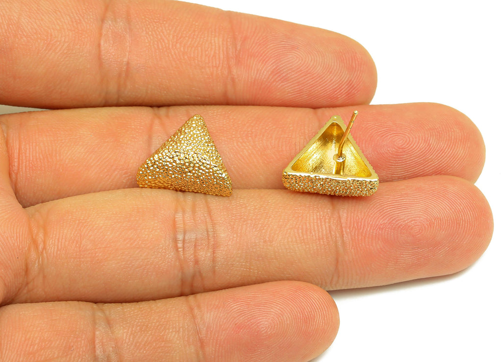 Brass Triangle Earring Stud - Textured Triangle Earring Post - Gold Triangle Earring - 18K Real Gold Plated - 19.09x14.17x14.17mm - RGP7734 - DOMEDBAZAAR
