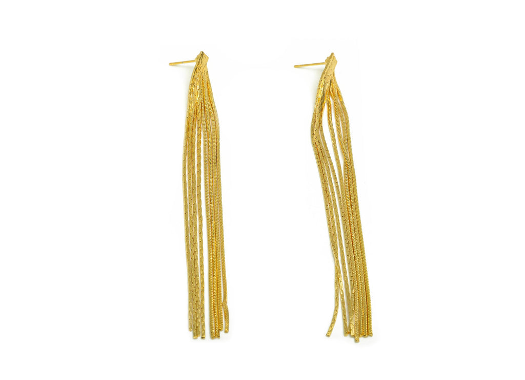 Brass Tassel Earring Stud - Brass Tassel Earring Post - Brass Snake Chian Tassel Earring Post - 18K Real Gold Plated - 100x7x1.68mm -RGP7527 - DOMEDBAZAAR