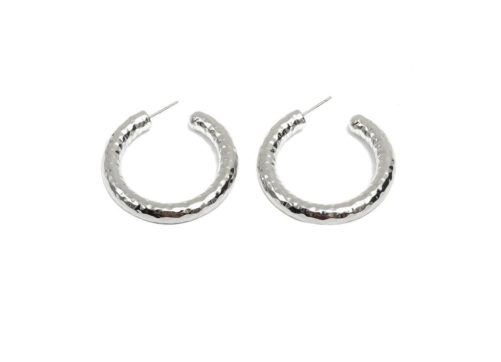 Brass Hoop Earring Stud - Thick Open Hoop Earring Post - Brass Textured Hoop Earring Post - 18K Real White Gold Plating - 40x39x6mm -RGP8112 - DOMEDBAZAAR