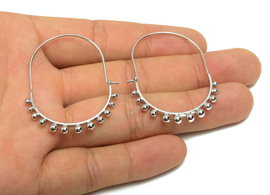 Brass Huge Beaded Wire Hoop Earring - Brass Hoop Earring - Beaded Hoop Earring - 18K Real White Gold Plating - 46.3x35.7x3.33mm - RGP8093 - DOMEDBAZAAR