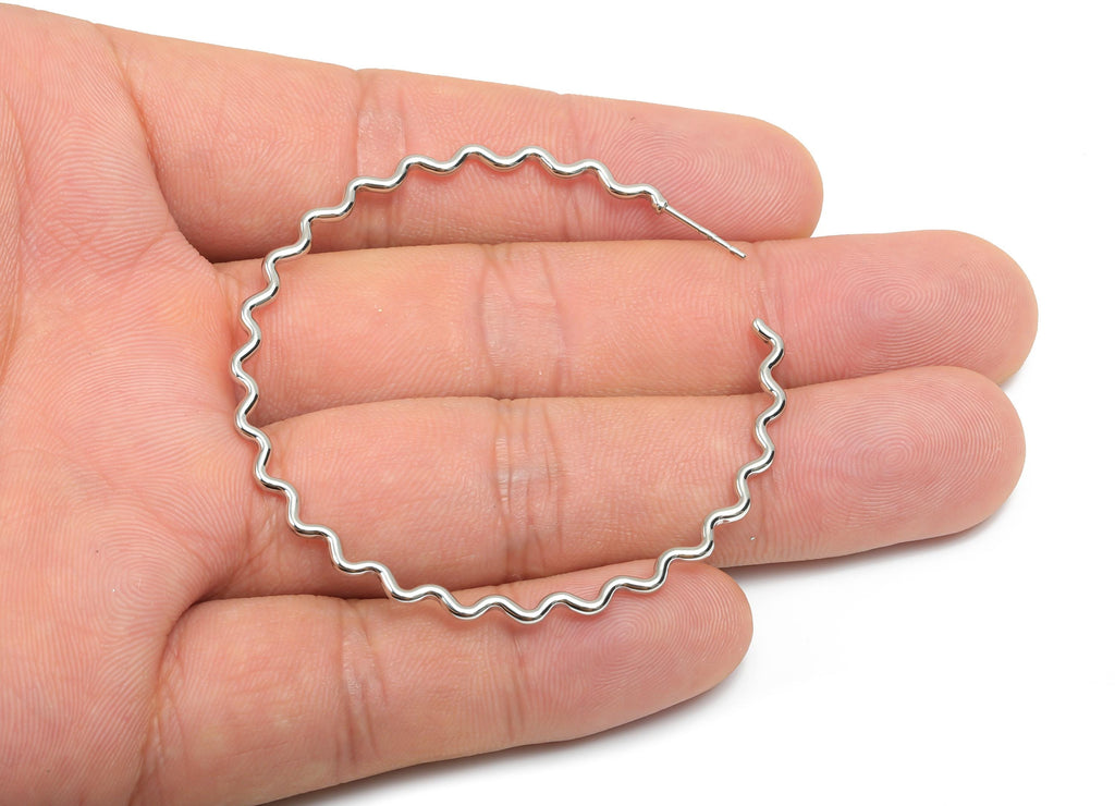 Brass Hoop Earring Stud - Brass Open Hoop Earring Post - Brass Wavy Hoop Earring Post - 18K Real White Gold Plated - 53x53x1.48mm - RGP8100 - DOMEDBAZAAR