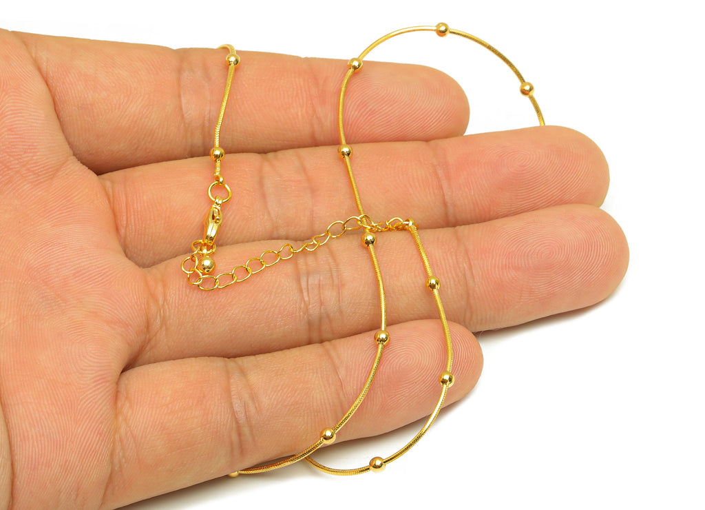 0.8mm Finished Snake Chain - Gold 43+6cm Snake Finished Chain - Brass 2.4mm Ball Beaded Snake Chain - 18K Real Gold Plating -RGP7484 - DOMEDBAZAAR