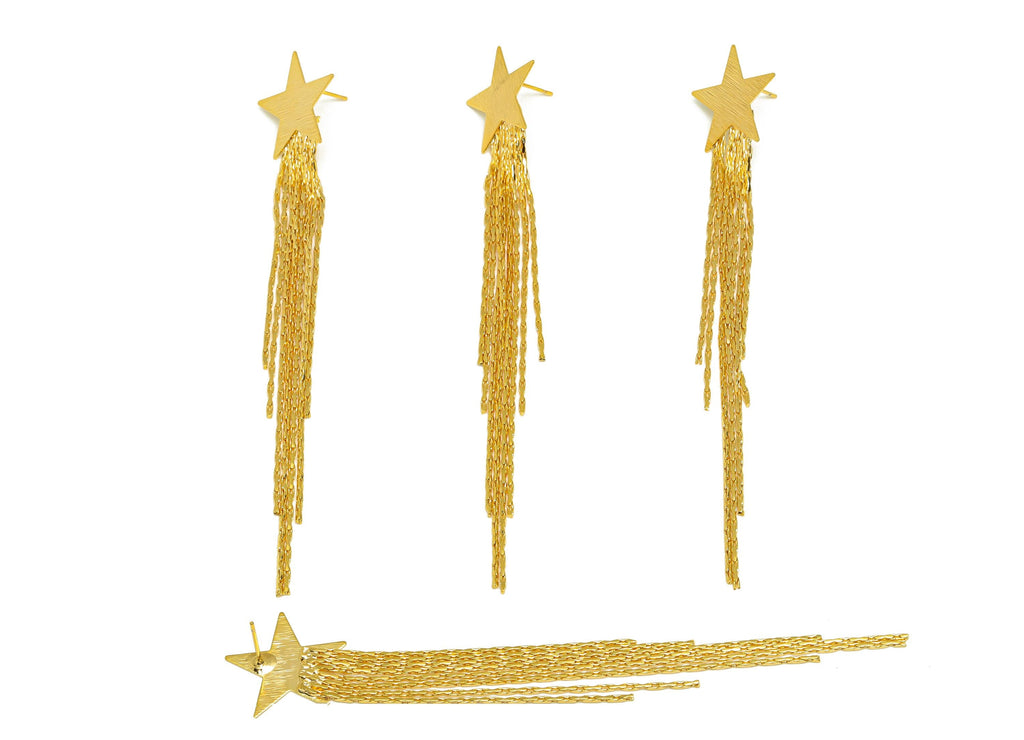 Brass Tassel Star Earring - Textured Star Tassel Earring Post - Gold Snake Chian Ear Stud- 18K Real Gold Plated - 106.48x20x0.85mm - RGP7492 - DOMEDBAZAAR