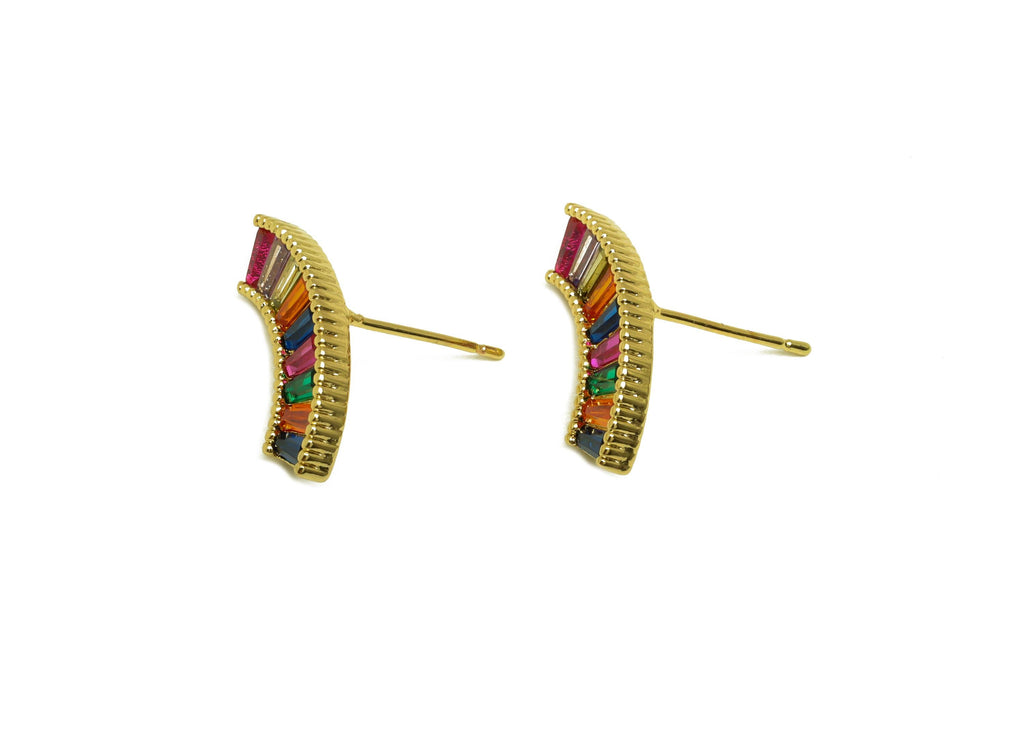Brass Rainbow Earring Post - Gold Zircon Curved Rainbow Ear - CZ Textured Earring Stud - 18K Real Gold Plated - 14.61x20.07x2.48mm - RGP7987 - DOMEDBAZAAR