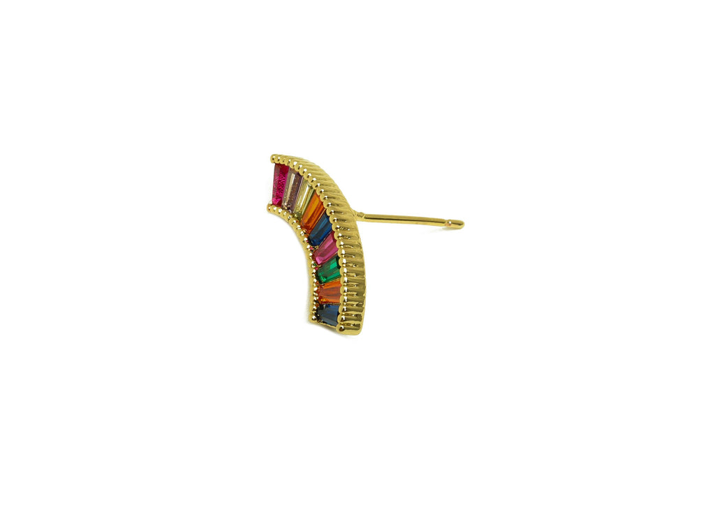 Brass Rainbow Earring Post - Gold Zircon Curved Rainbow Ear - CZ Textured Earring Stud - 18K Real Gold Plated - 14.61x20.07x2.48mm - RGP7987 - DOMEDBAZAAR