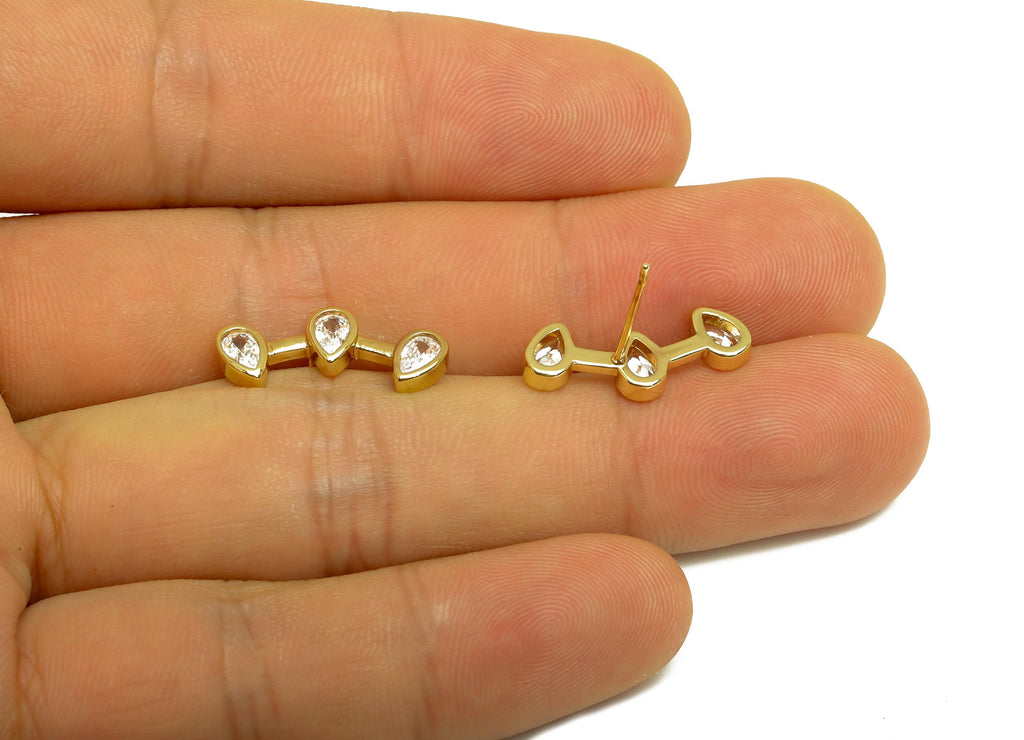 Brass Teardrop Earring Post - Gold Zircon Curved Bar Earring - CZ Teardrop Earring Stud - 18K Real Gold Plated- 14.52x18.82x2.35mm - RGP7989 - DOMEDBAZAAR