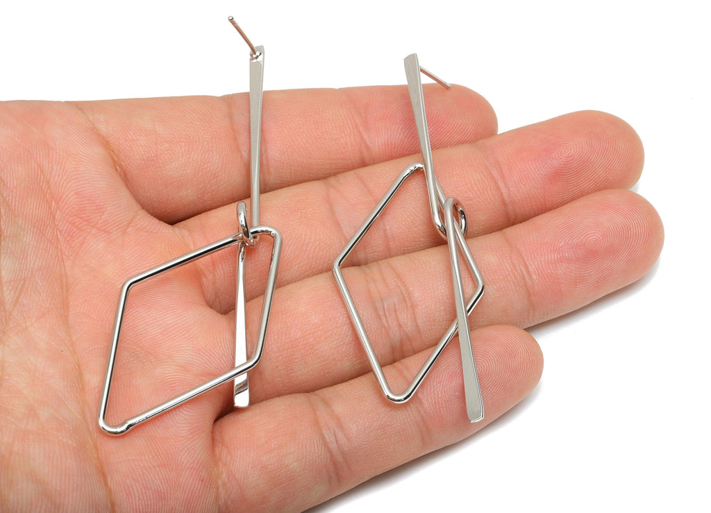 Brass Hammered Earring Post -  Brass Diamond Earring Post - Brass Rhombic Earring Post - 18K Real White Gold Plating - 81x24x0.7mm - RGP8066 - DOMEDBAZAAR