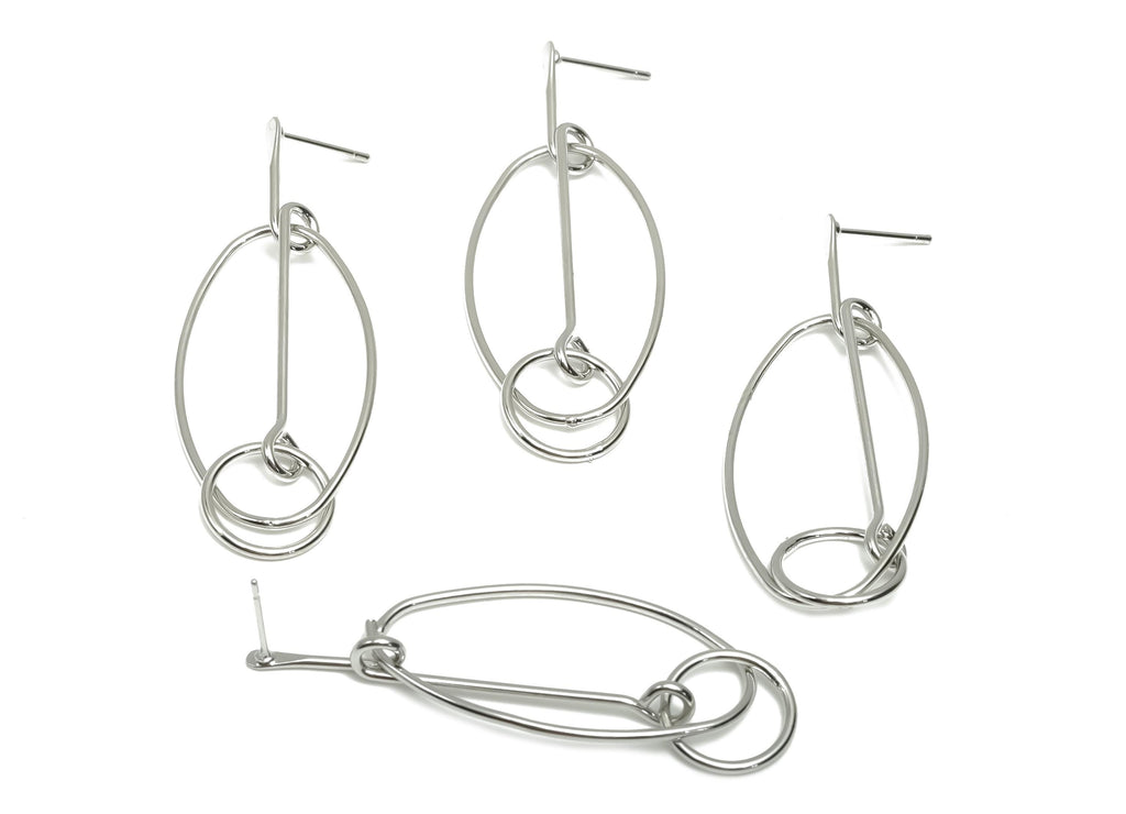 Brass Hammered Earring Post - Brass Dangle Oval Earring Stud - Geometry Earring Post  - 18K Real White Gold Plating - 54x19x1.15mm - RGP8065 - DOMEDBAZAAR