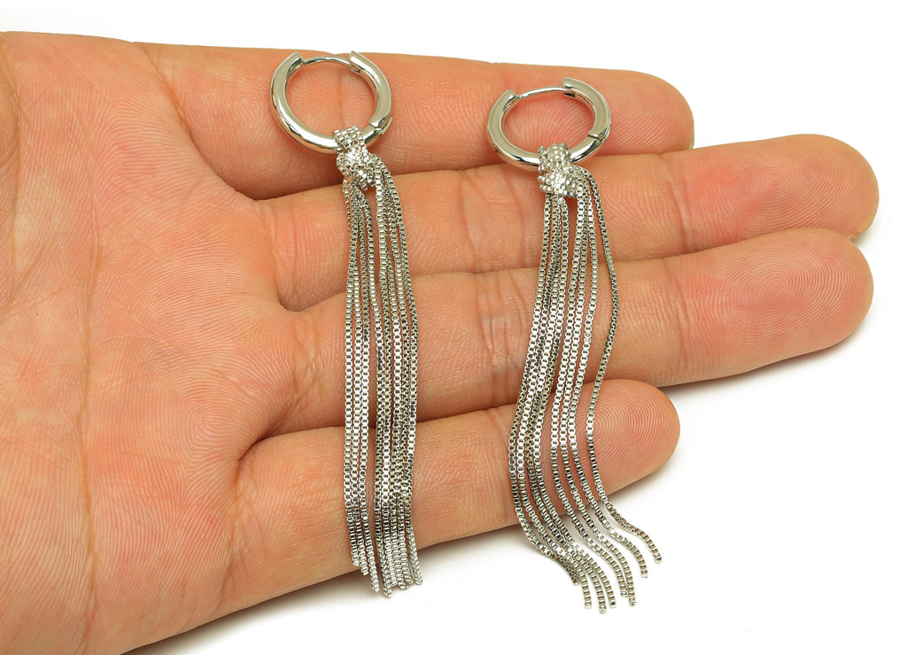 Tassel Huggie Hoop Earring - Brass Round Long Tassel Chain Ear - White Chian Tassel Earring - 18K Real Gold Plated - 80x16.8x2.6mm - RGP7628 - DOMEDBAZAAR