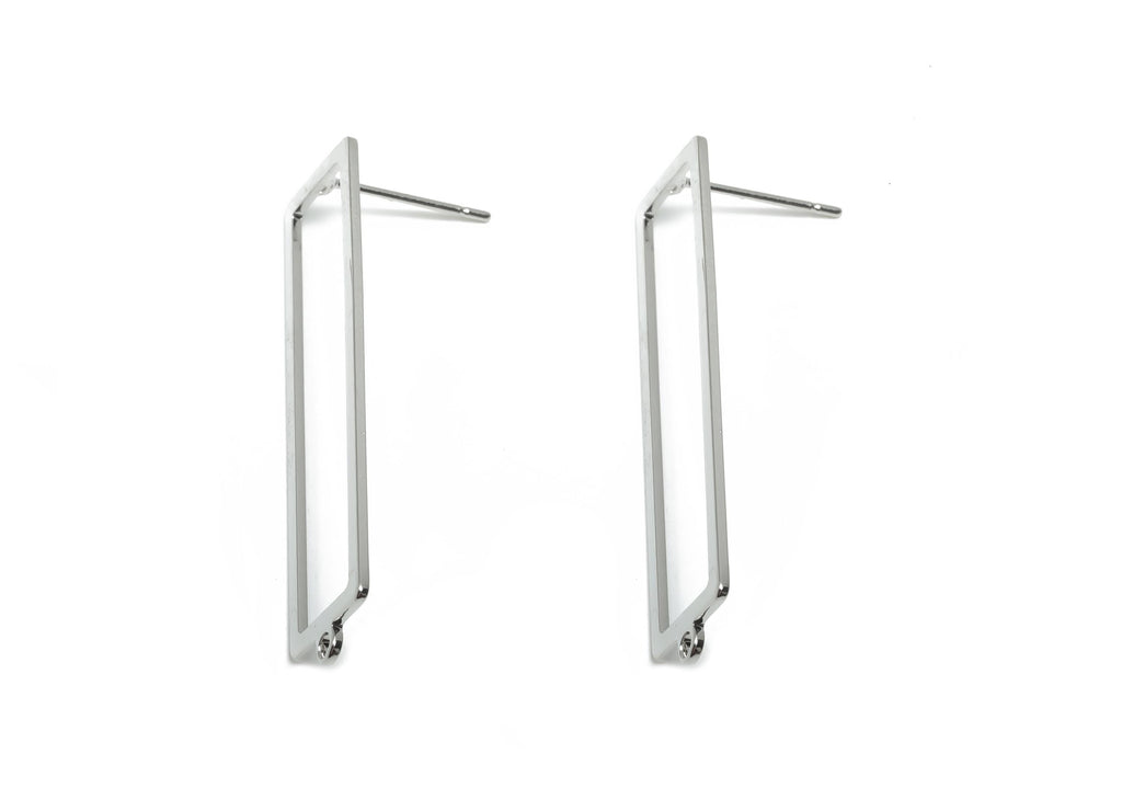 Brass Rectangle Earring Stud - Brass  Earring Post With Loop - Geometry Earring Post - 18K Real White Gold Plating - 38x10x0.9mm - RGP8350 - DOMEDBAZAAR
