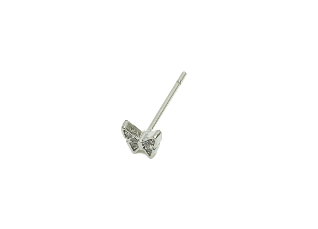 Brass CZ Earring Post - Brass Butterfly Earring Stud - Brass Cubic Zircon Earring Post  - 18K Real White Gold Plating - 13x4.9x1mm - RGP8226 - DOMEDBAZAAR