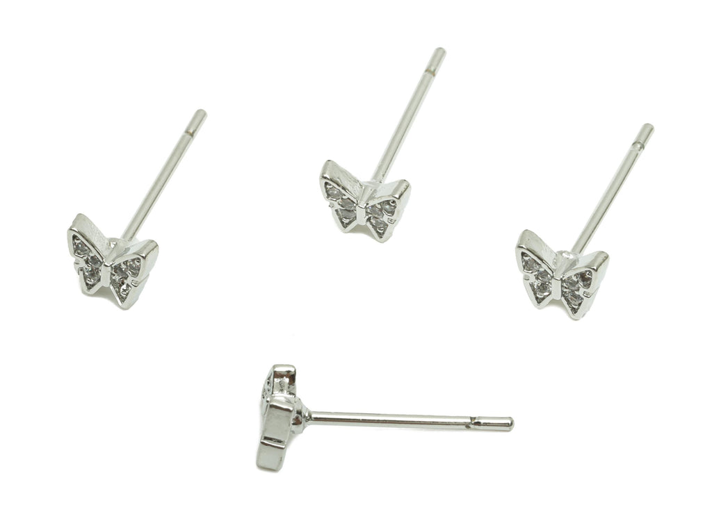 Brass CZ Earring Post - Brass Butterfly Earring Stud - Brass Cubic Zircon Earring Post  - 18K Real White Gold Plating - 13x4.9x1mm - RGP8226 - DOMEDBAZAAR