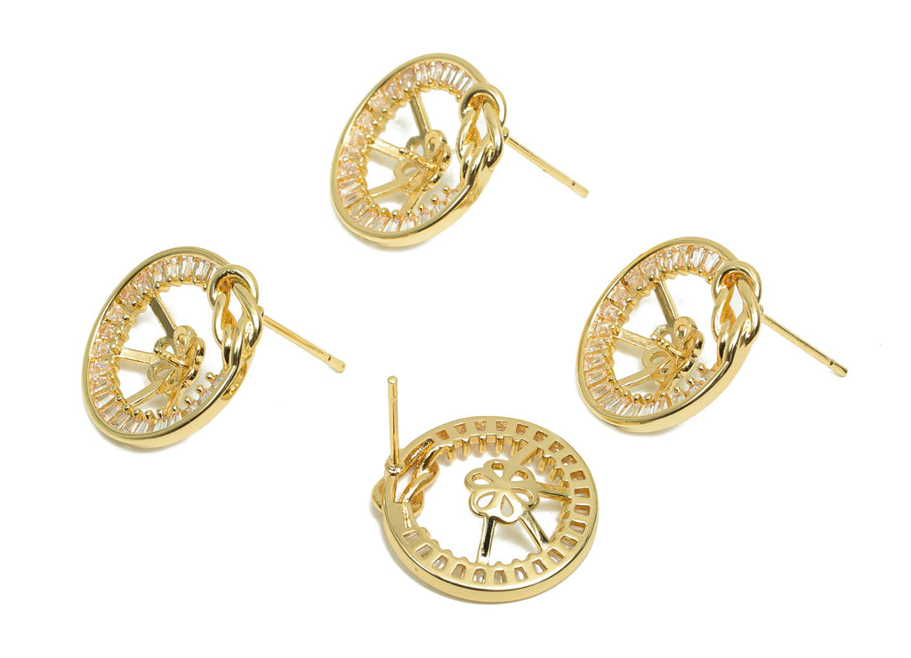Brass CZ Earring Stud - Brass Cubic Zircon Earring Post - Brass Knot Earring Post For Pearl - 18K Real Gold Plating - 18.22x17x4mm - RGP8193 - DOMEDBAZAAR
