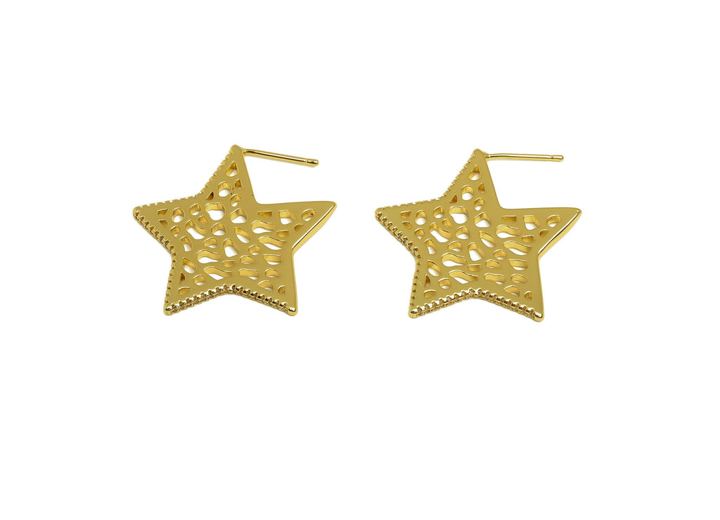 Brass Star Earring Post - Gold Zircon Mesh Star Earring - CZ Textured Star Earring Stud - 18K Real Gold Plated - 30.40x31.93x1.85mm- RGP8006 - DOMEDBAZAAR