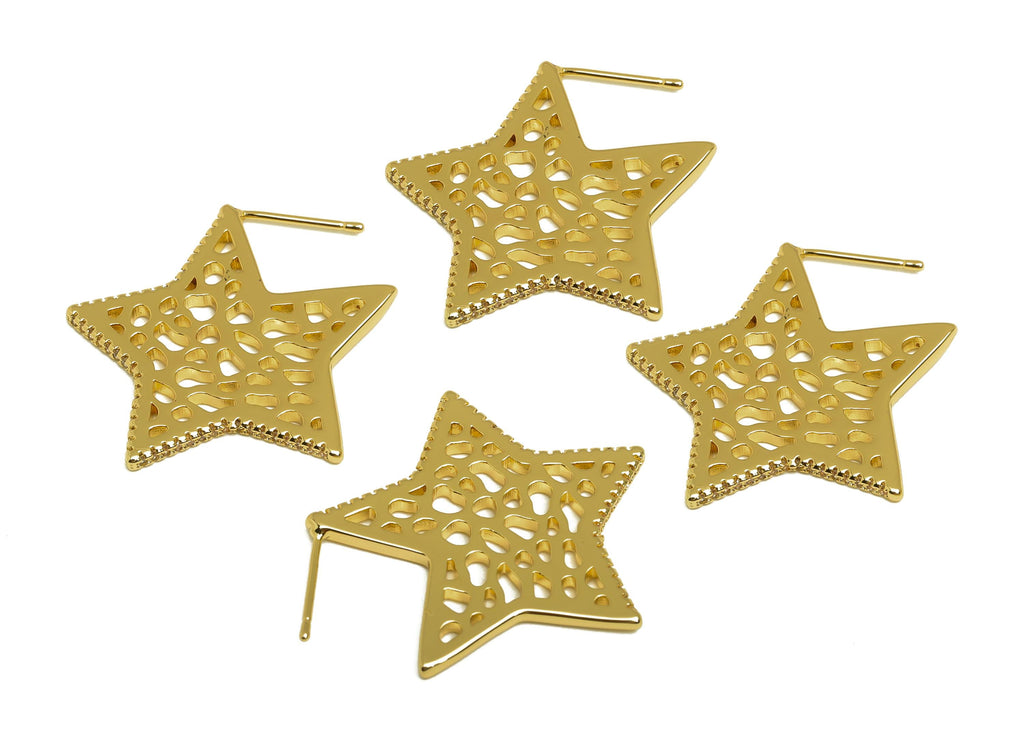 Brass Star Earring Post - Gold Zircon Mesh Star Earring - CZ Textured Star Earring Stud - 18K Real Gold Plated - 30.40x31.93x1.85mm- RGP8006 - DOMEDBAZAAR