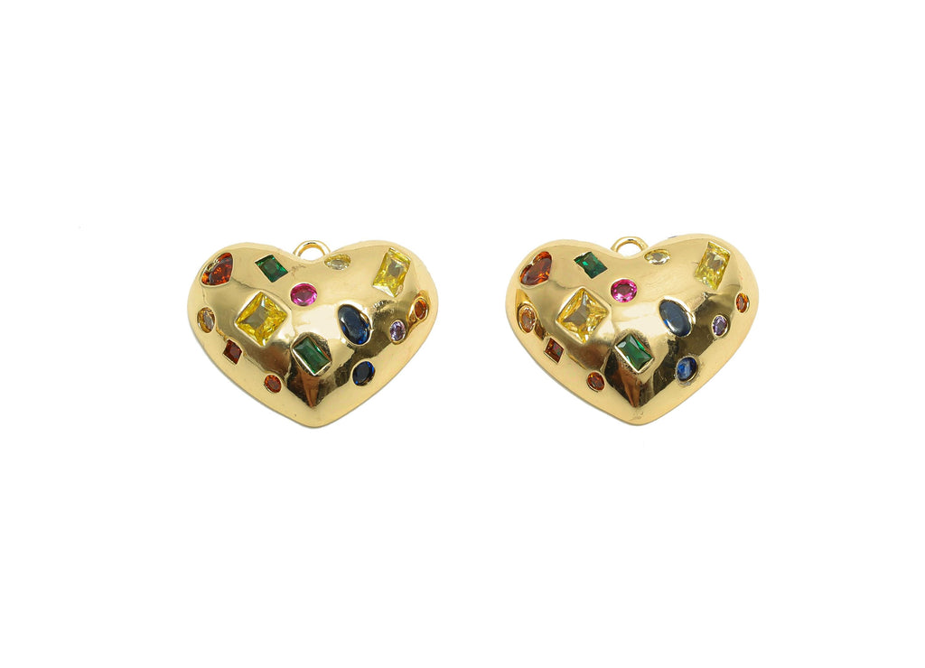 Brass CZ Heart Charms - Brass Cubic Zircon Earring Charm - Brass Rainbow CZ Heart Pendant  - 18K Real Gold Plating - 14x18.1x5mm - RGP8206 - DOMEDBAZAAR