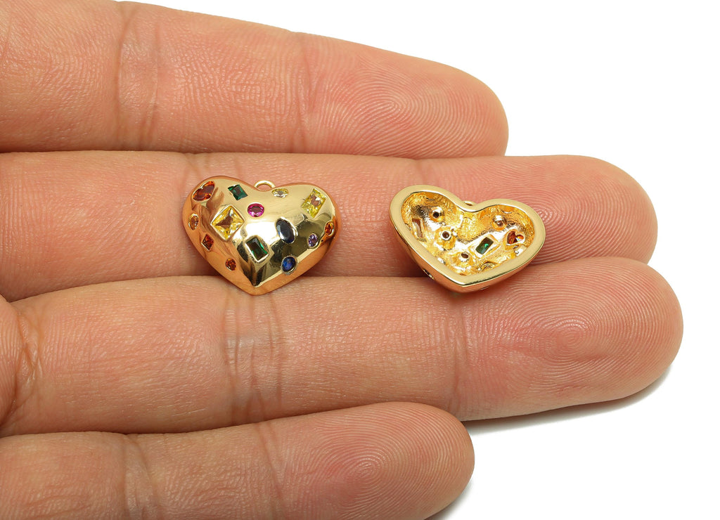Brass CZ Heart Charms - Brass Cubic Zircon Earring Charm - Brass Rainbow CZ Heart Pendant  - 18K Real Gold Plating - 14x18.1x5mm - RGP8206 - DOMEDBAZAAR