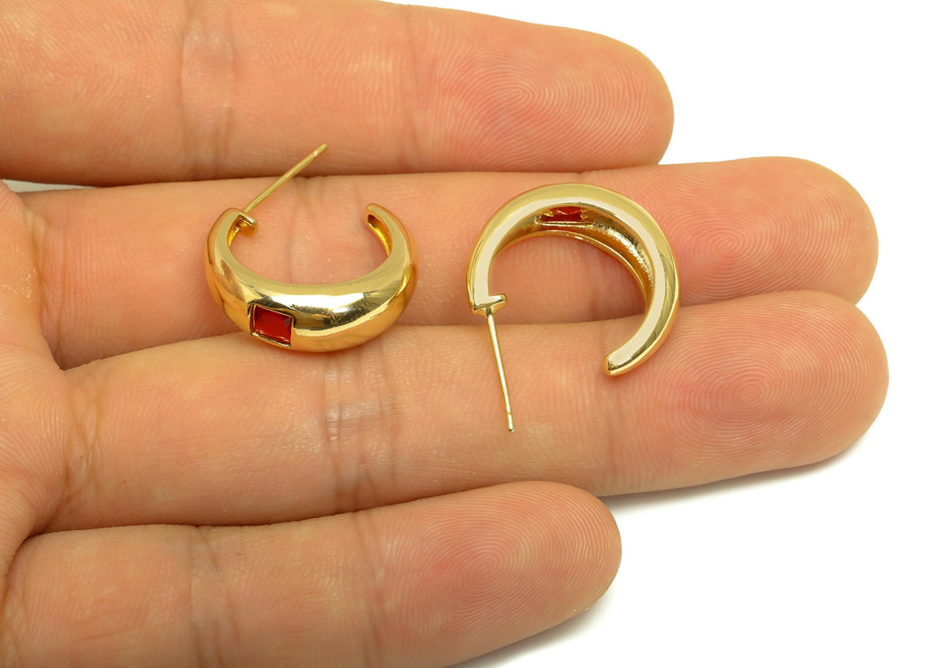 Brass C Hoop Earring - Gold Zircon Circle Earring Stud - CZ Open Round Earring Post - 18K Real Gold Plating - 24.70x6.85x3.83mm - RGP8007 - DOMEDBAZAAR