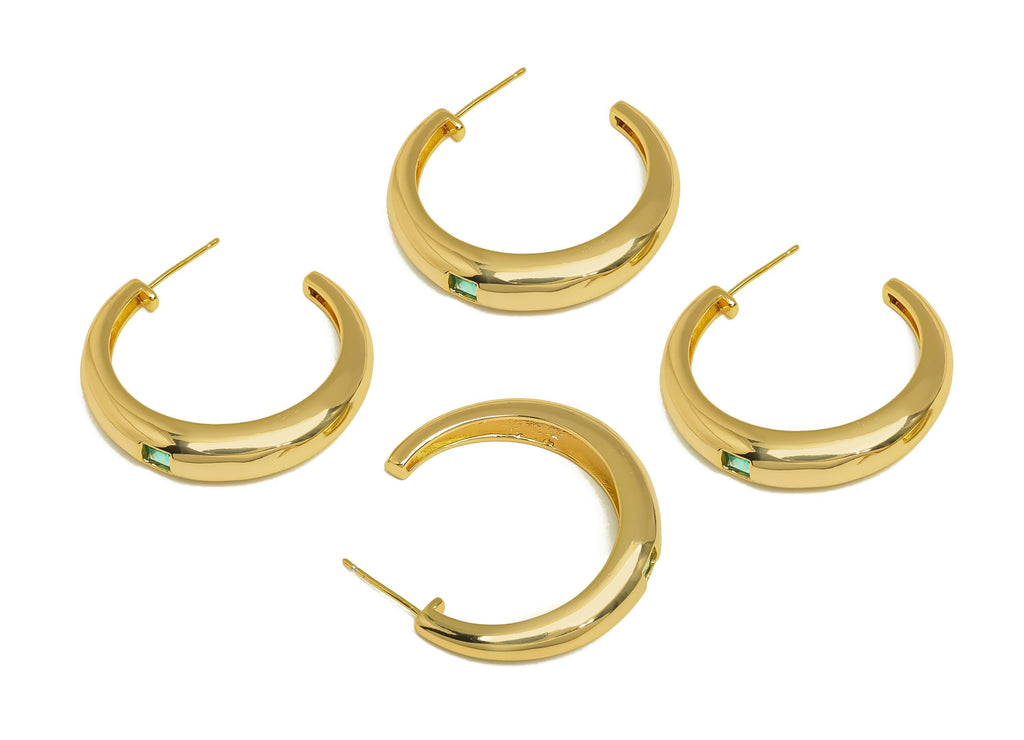 Brass C Hoop Earring - Gold Zircon Thick Circle Ear Stud - CZ Open Thick Earring Post - 18K Real Gold Plating - 32.25x6.859x4.76mm - RGP8008 - DOMEDBAZAAR