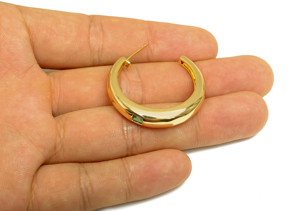 Brass C Hoop Earring - Gold Zircon Thick Circle Ear Stud - CZ Open Thick Earring Post - 18K Real Gold Plating - 32.25x6.859x4.76mm - RGP8008 - DOMEDBAZAAR