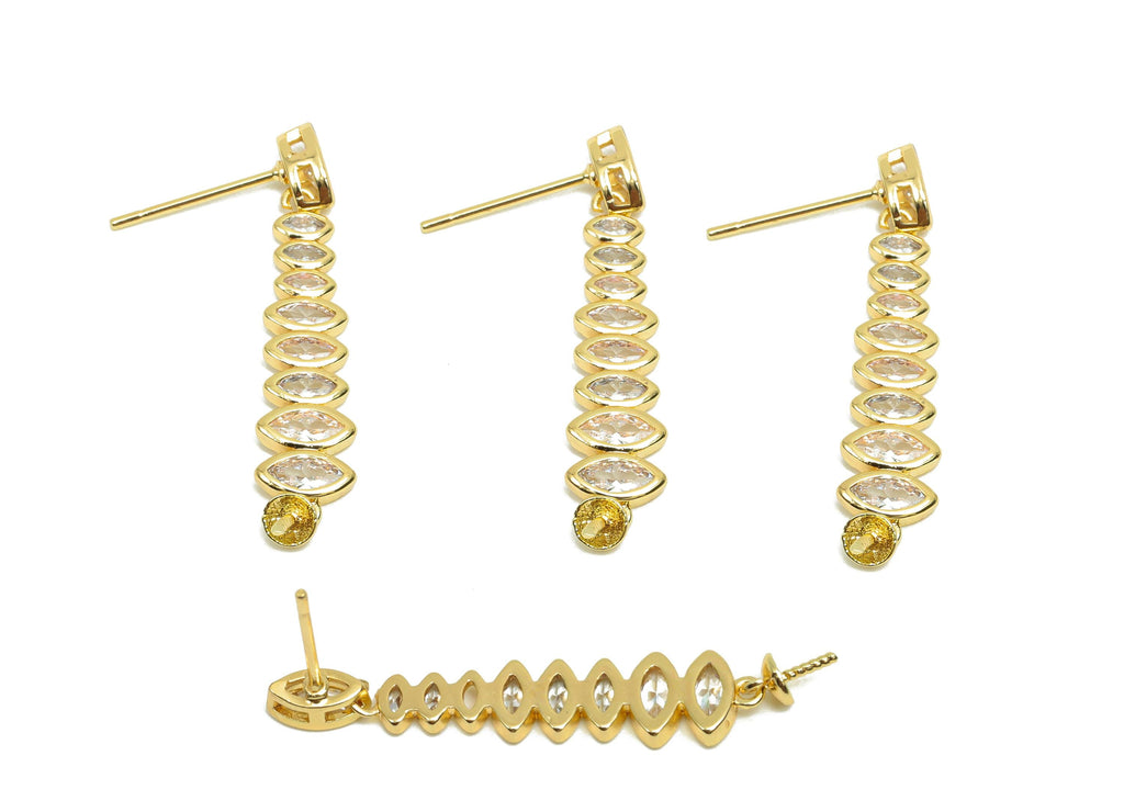 Brass Marquise Earring Post - Gold Zircon Hanging Earring - CZ Geometry Earring Stud For Pearl - 18K Real Gold Plating - 36x6x3mm- RGP8187 - DOMEDBAZAAR