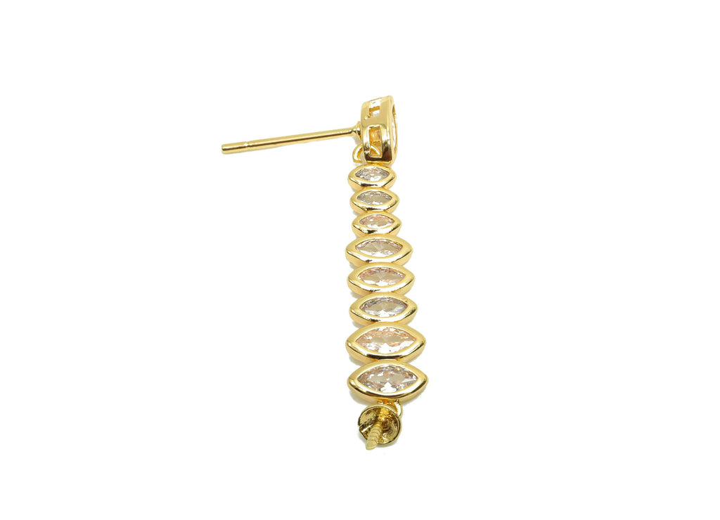 Brass Marquise Earring Post - Gold Zircon Hanging Earring - CZ Geometry Earring Stud For Pearl - 18K Real Gold Plating - 36x6x3mm- RGP8187 - DOMEDBAZAAR