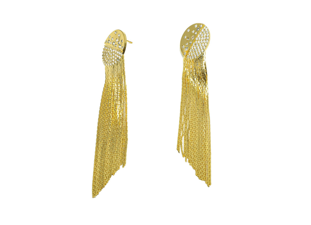 Brass Round Tassel Earring - Zircon Planet Snake Chian Ear Post - Gold Tassel Dangle Earring - 18K Real Gold Plated - 84x18x1.9mm - RGP8274 - DOMEDBAZAAR
