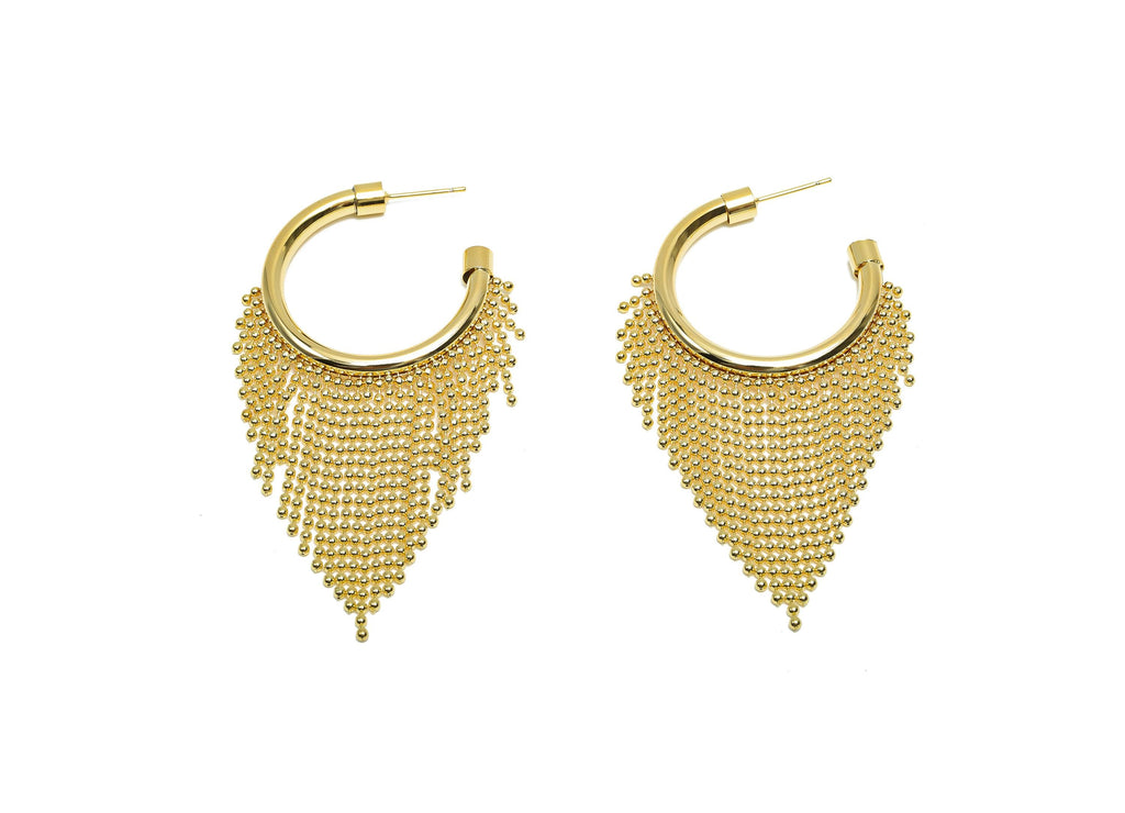 Brass Beads Chain Earring - Gold Open Round C Tassel Ear Stud - Circle Beads Chain Earring Post - 18K Real Gold Plated- 77x40x4.5mm- RGP8280 - DOMEDBAZAAR