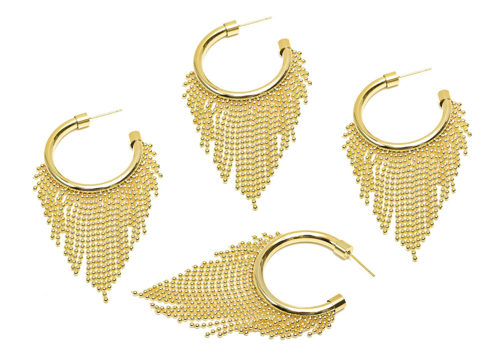 Brass Beads Chain Earring - Gold Open Round C Tassel Ear Stud - Circle Beads Chain Earring Post - 18K Real Gold Plated- 77x40x4.5mm- RGP8280 - DOMEDBAZAAR