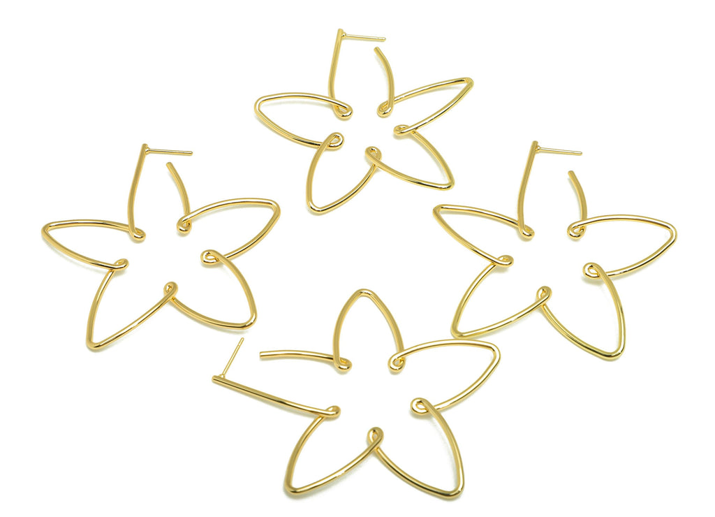 Brass Flower Earring Stud - Brass Flower Wire Earring Post - Brass Flower Earring Post - 18K Real Gold Plated - 57.64x52.2x1.4mm - RGP7842 - DOMEDBAZAAR