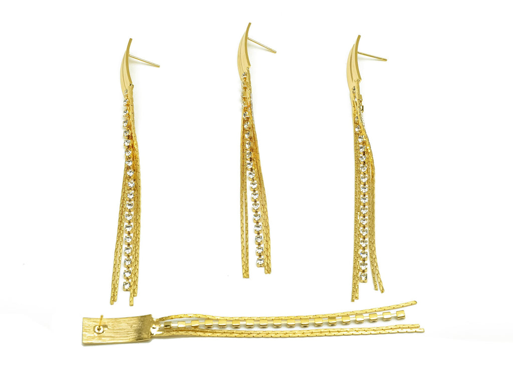 Brass CZ Earring Tassel Stud - Rectangle Tassel Earring - Brass Chain Zircon Earring Post - 18K Real Gold Plating - 100.8x 8x1mm - RGP7545 - DOMEDBAZAAR