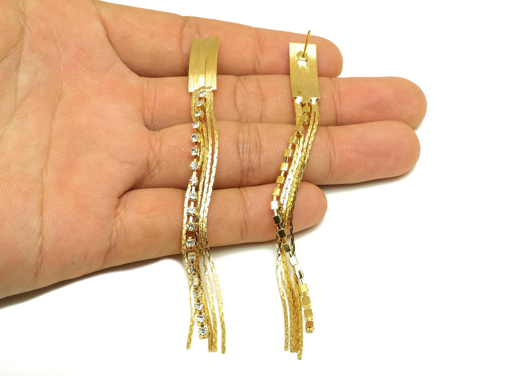Brass CZ Earring Tassel Stud - Rectangle Tassel Earring - Brass Chain Zircon Earring Post - 18K Real Gold Plating - 100.8x 8x1mm - RGP7545 - DOMEDBAZAAR