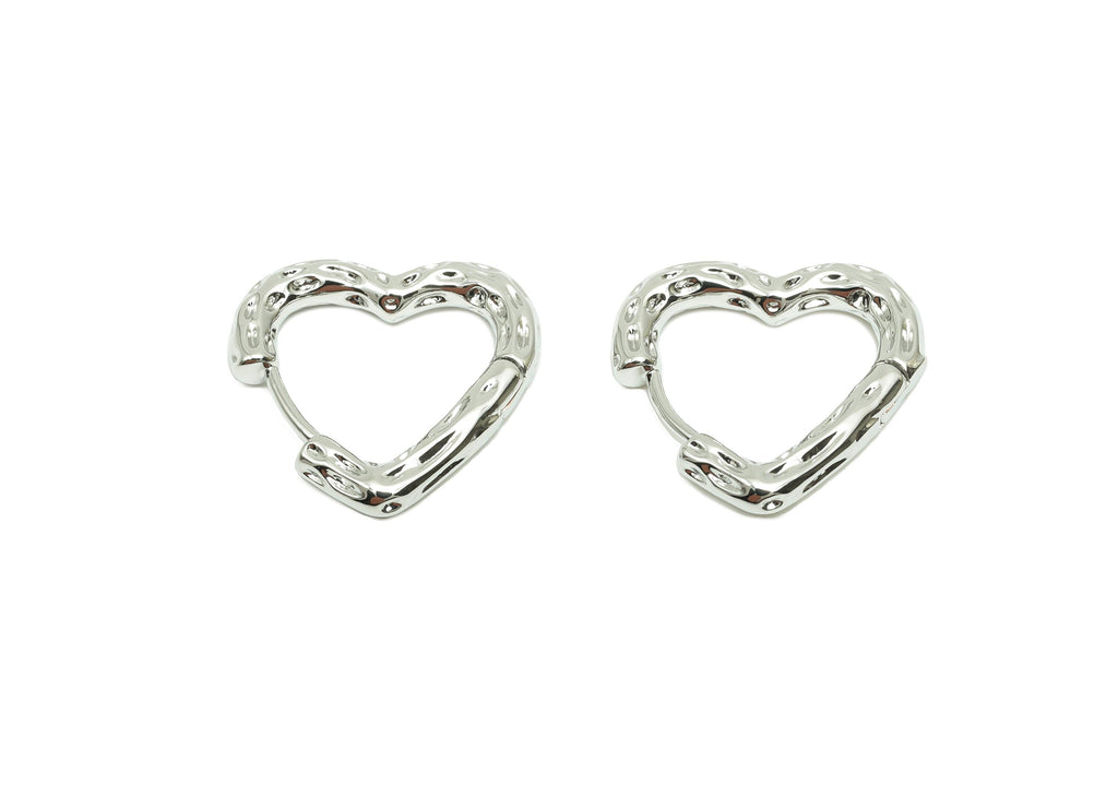 Hammered Heart Earring - For Women&#39;s Earring - Brass Valentine&#39;s Day Hoop Earring - 18K Real White Gold Plated - 17.97x18.92x3.2mm - RGP8234 - DOMEDBAZAAR